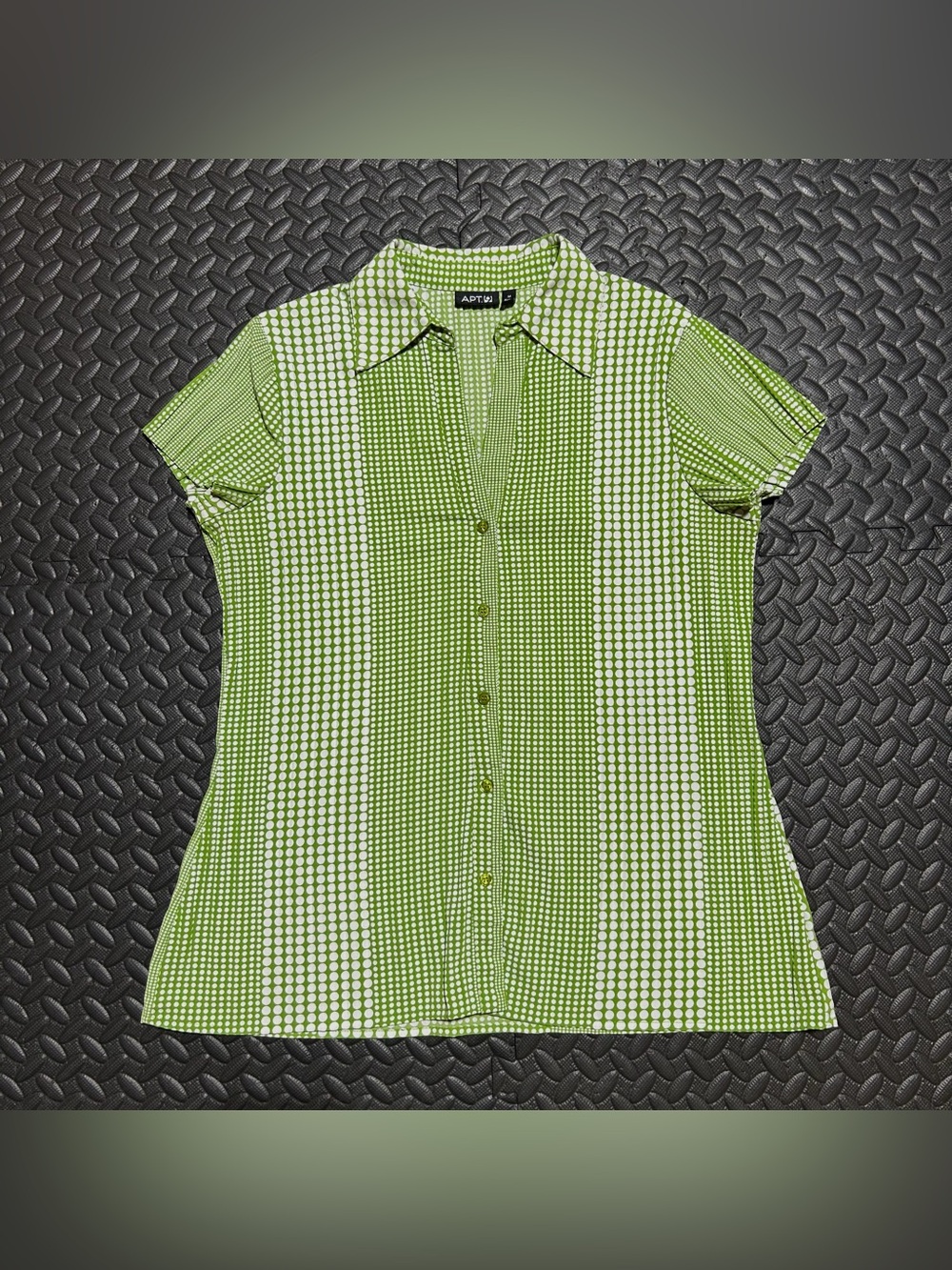 Apt 9 Button Up Blouse Polka Dot Collared Cap Sleeves White Green Womens Medium